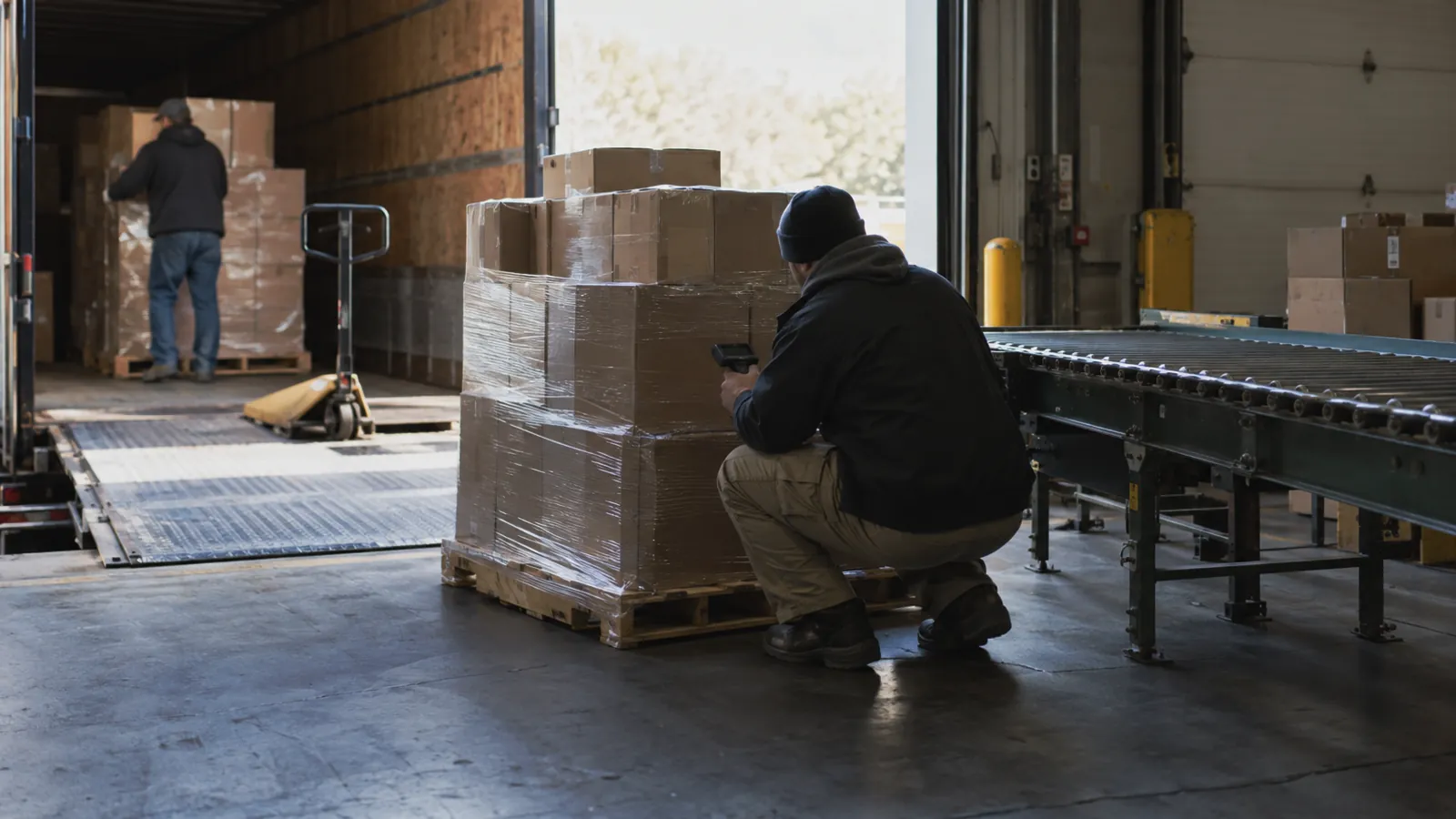 Associate crouched beside a pallet of cartons with a handheld scanner at a 3PL receiving dock, morning light through the dock door