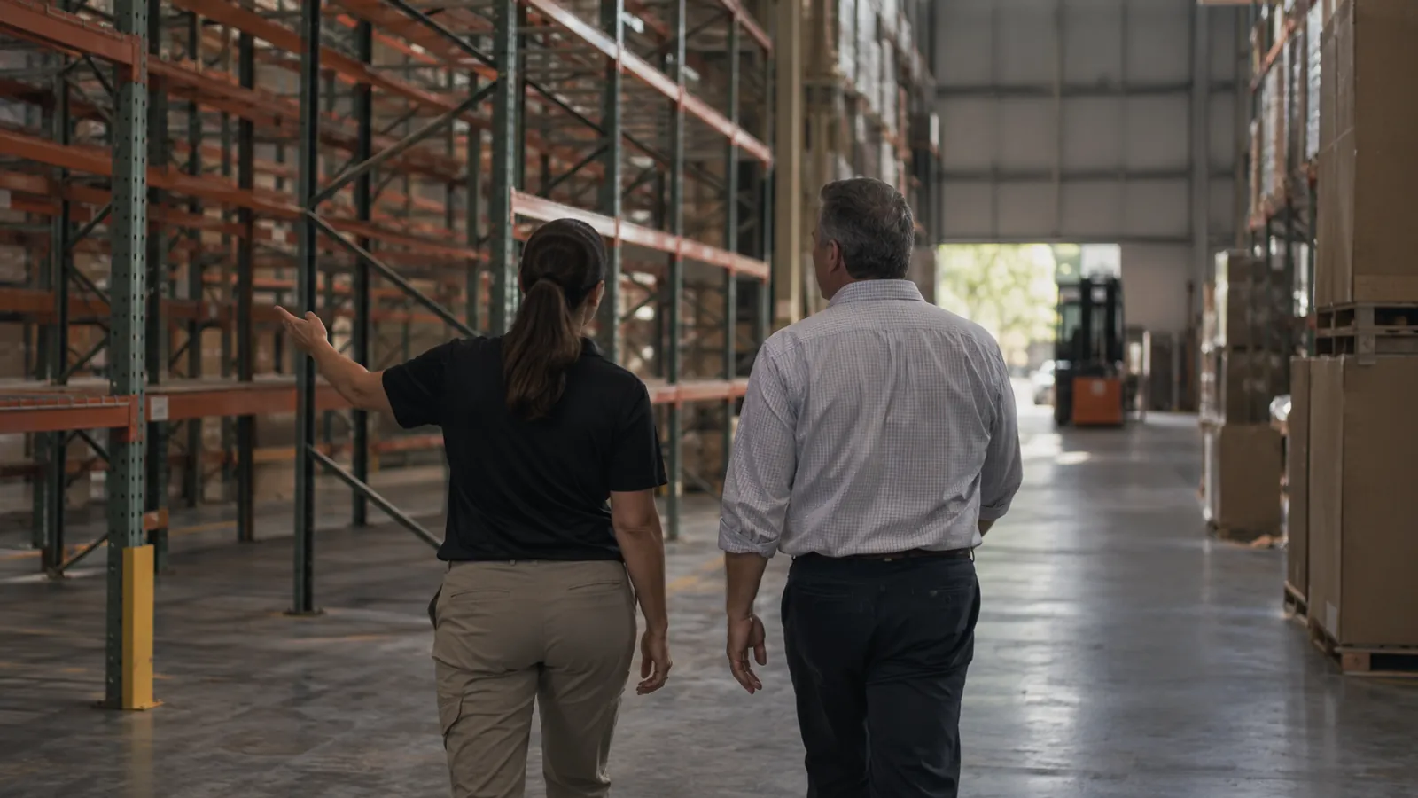 3PL manager and a new client walking an aisle toward an empty section of racking