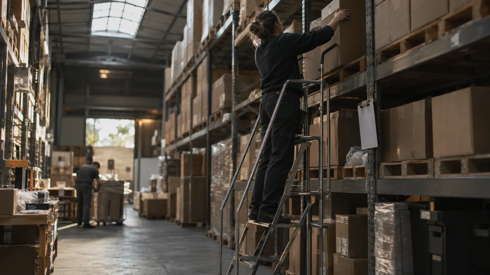 Tall shelving of plain cartons under a skylight in a boutique 3PL warehouse, worker on a rolling ladder