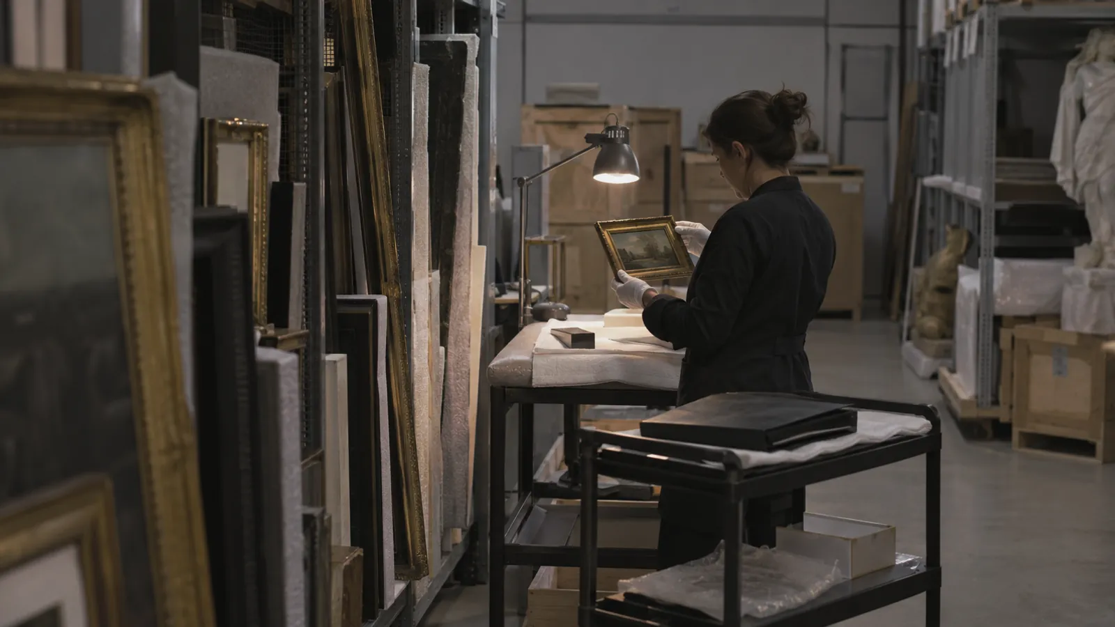 Appraiser in cotton gloves examining a small painting under a lamp inside a climate-controlled art vault