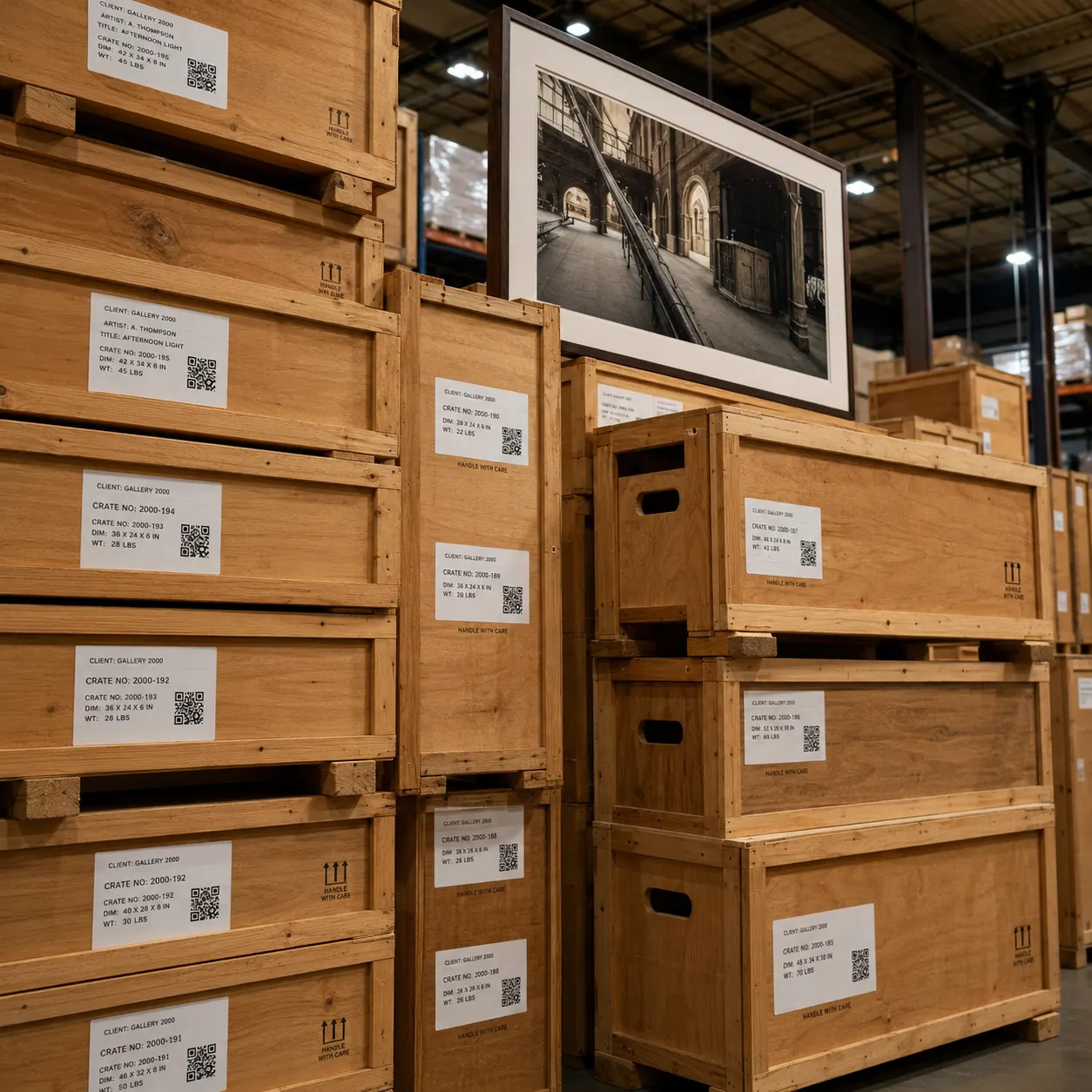 Custom wooden art shipping crates with barcode labels stacked in a fine-art warehouse