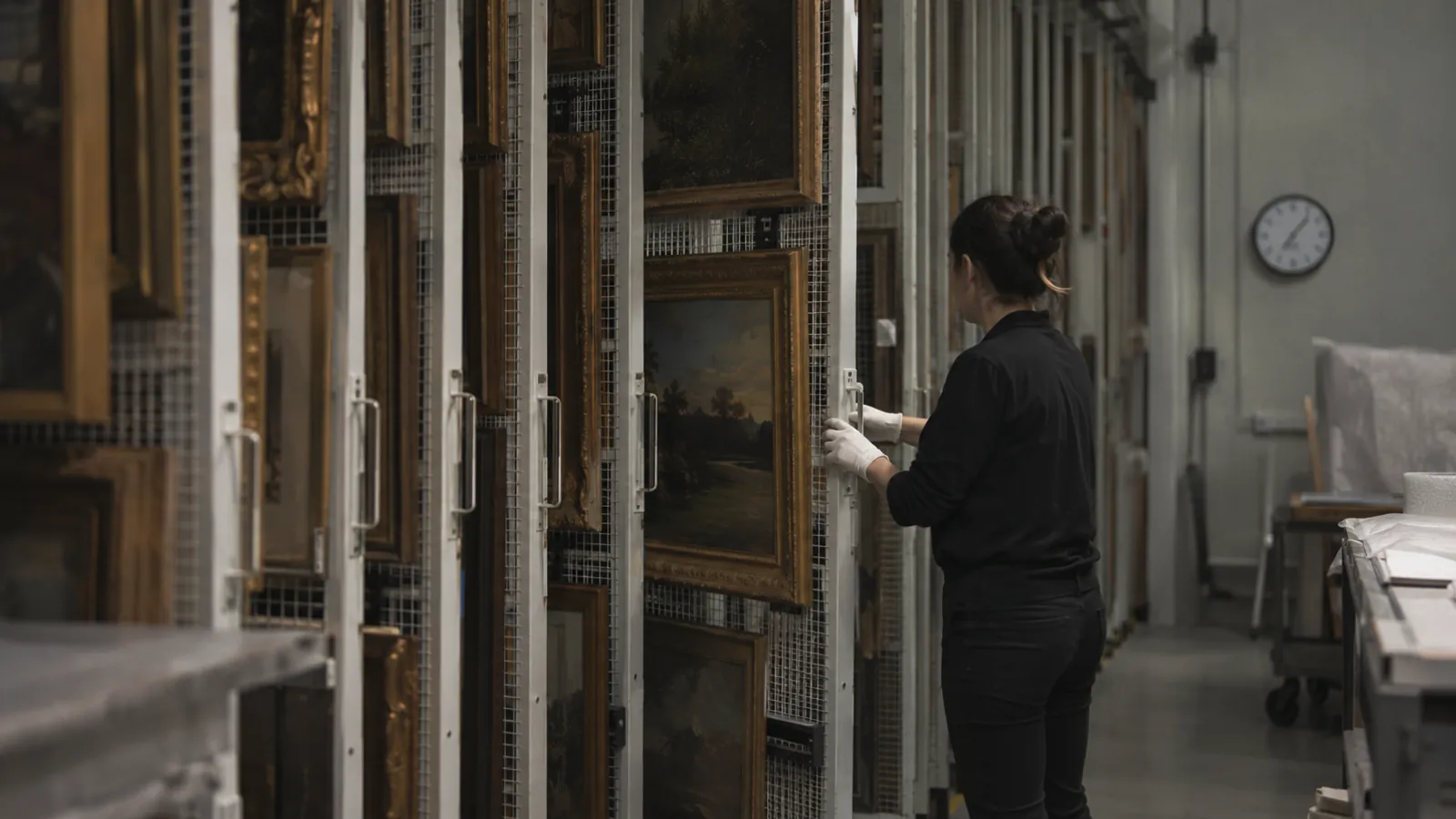 Gloved handler sliding open a padded rack of framed paintings in a climate-controlled art vault