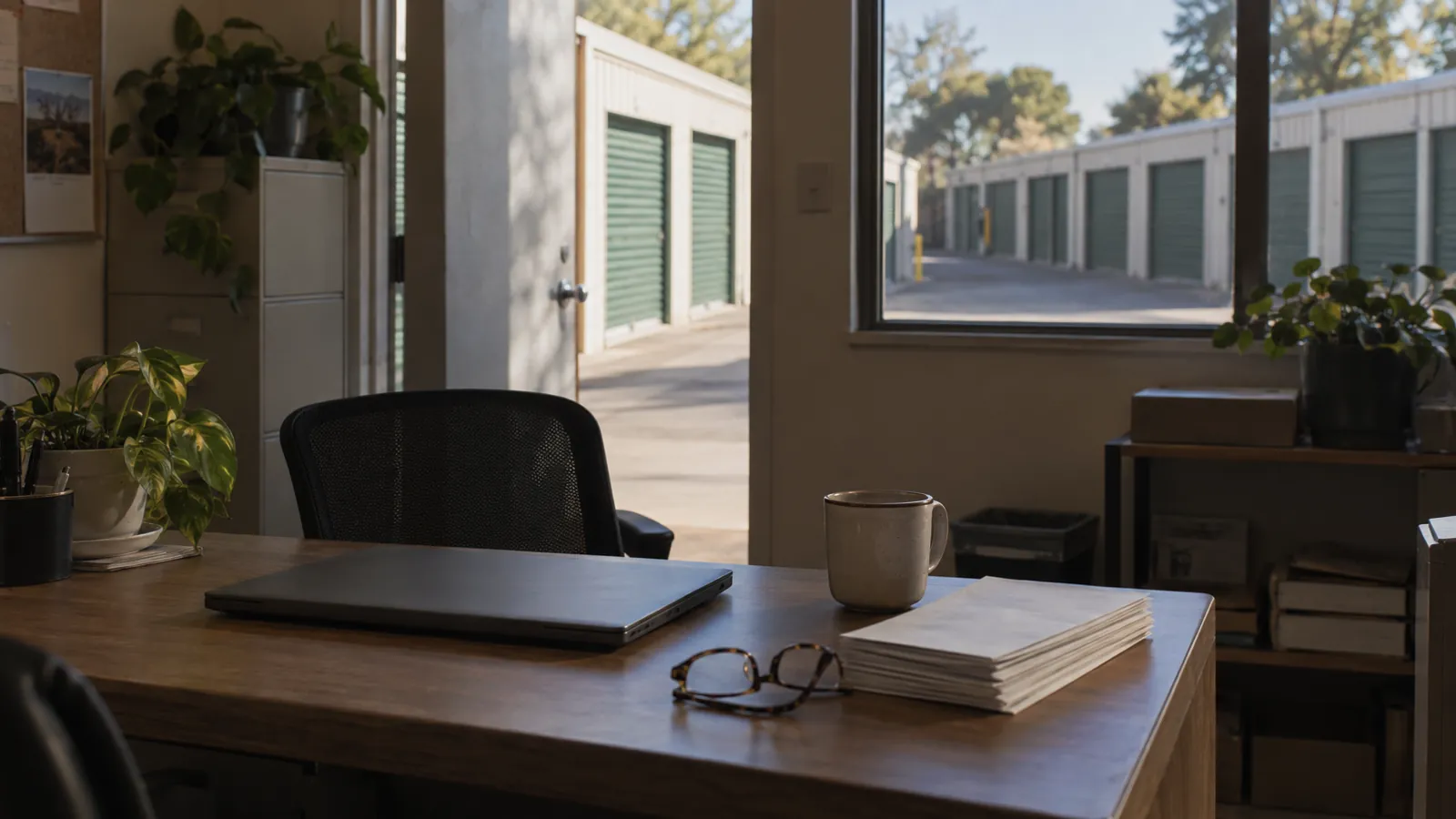 Storage facility office desk with a closed laptop, envelopes, and a mug, unit doors visible through the window