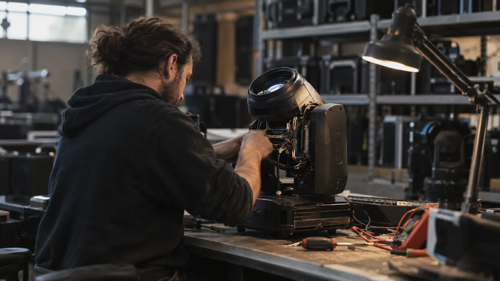 Technician's hands repairing an opened moving-head light fixture on an AV shop workbench