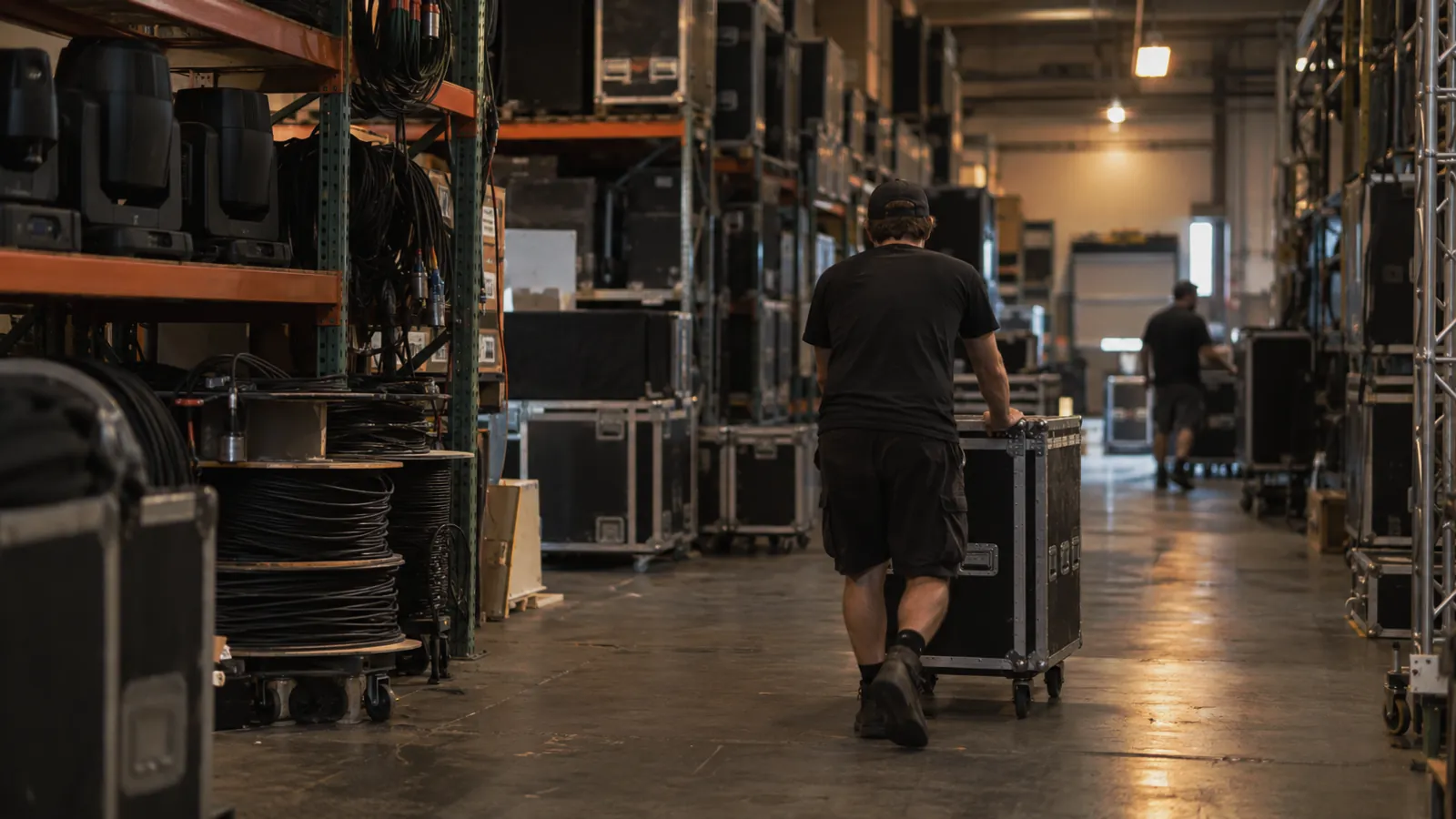 Technician wheeling a road case down an aisle of stacked cases in an AV rental warehouse