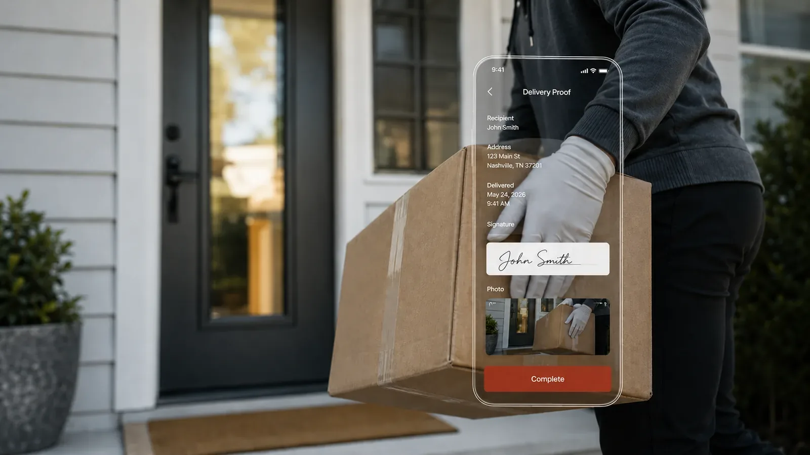 White-glove delivery courier in gloves handing a package at a residential front door with a mobile proof-of-delivery app showing recipient, address, signature, and photo capture