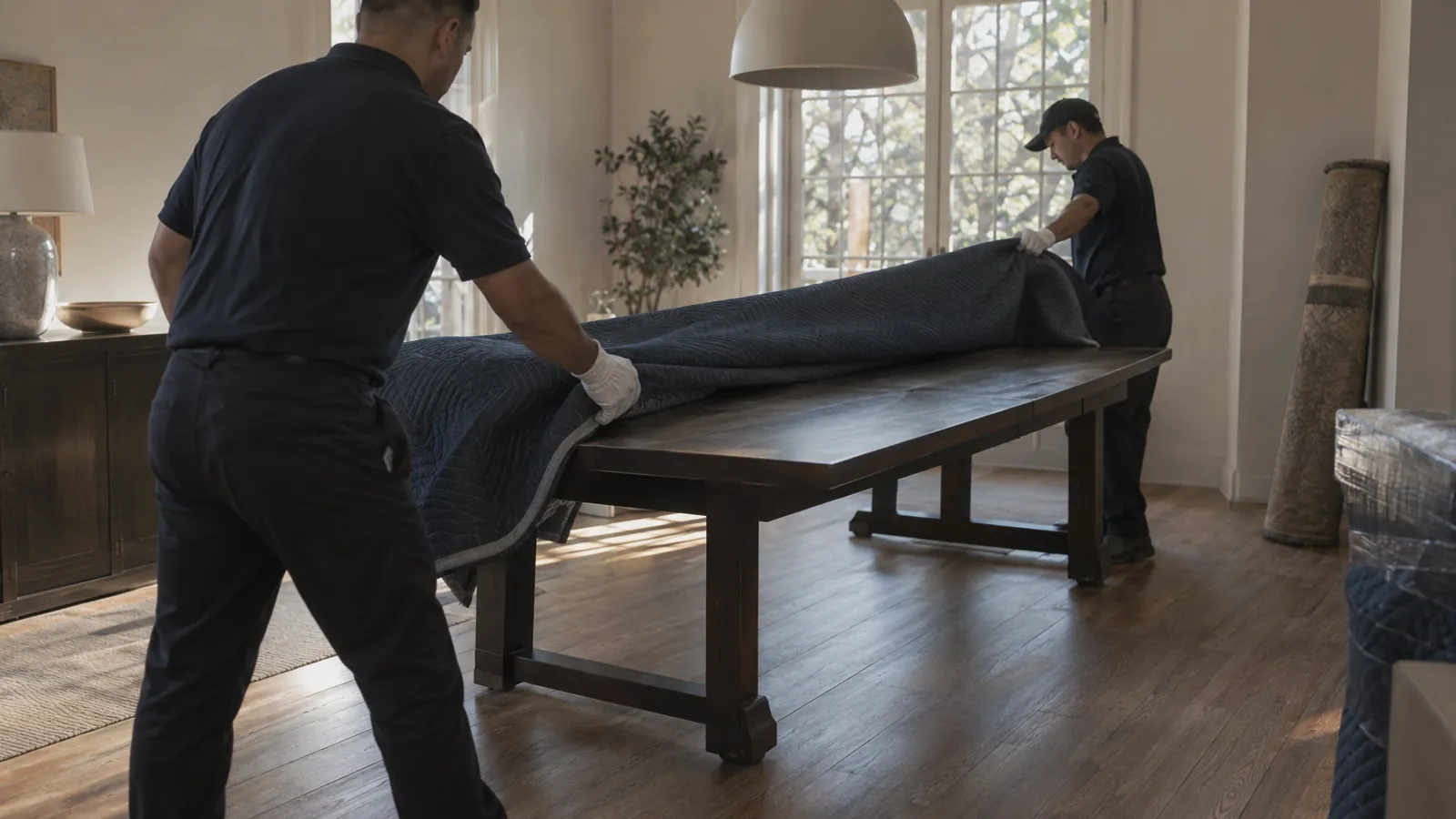 Gloved white-glove handlers setting a dining table down in a bright living room and lifting away its protective blanket