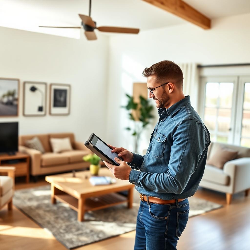Moving estimator using a tablet to survey a living room Moving estimator using a tablet to survey a living room