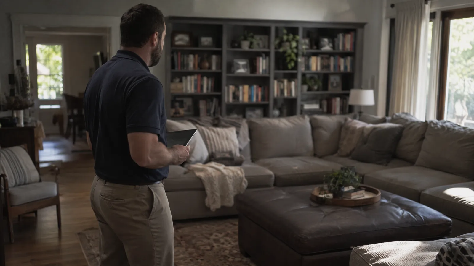 Moving estimator surveying a living room with a tablet held low