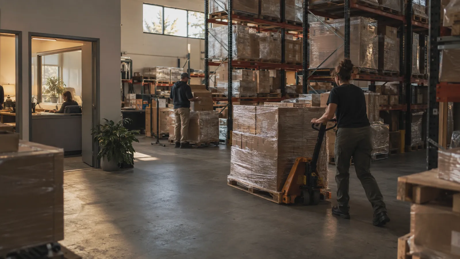 Compact boutique 3PL warehouse with short rows of wrapped client pallets, a pallet jack, and a small office with a window