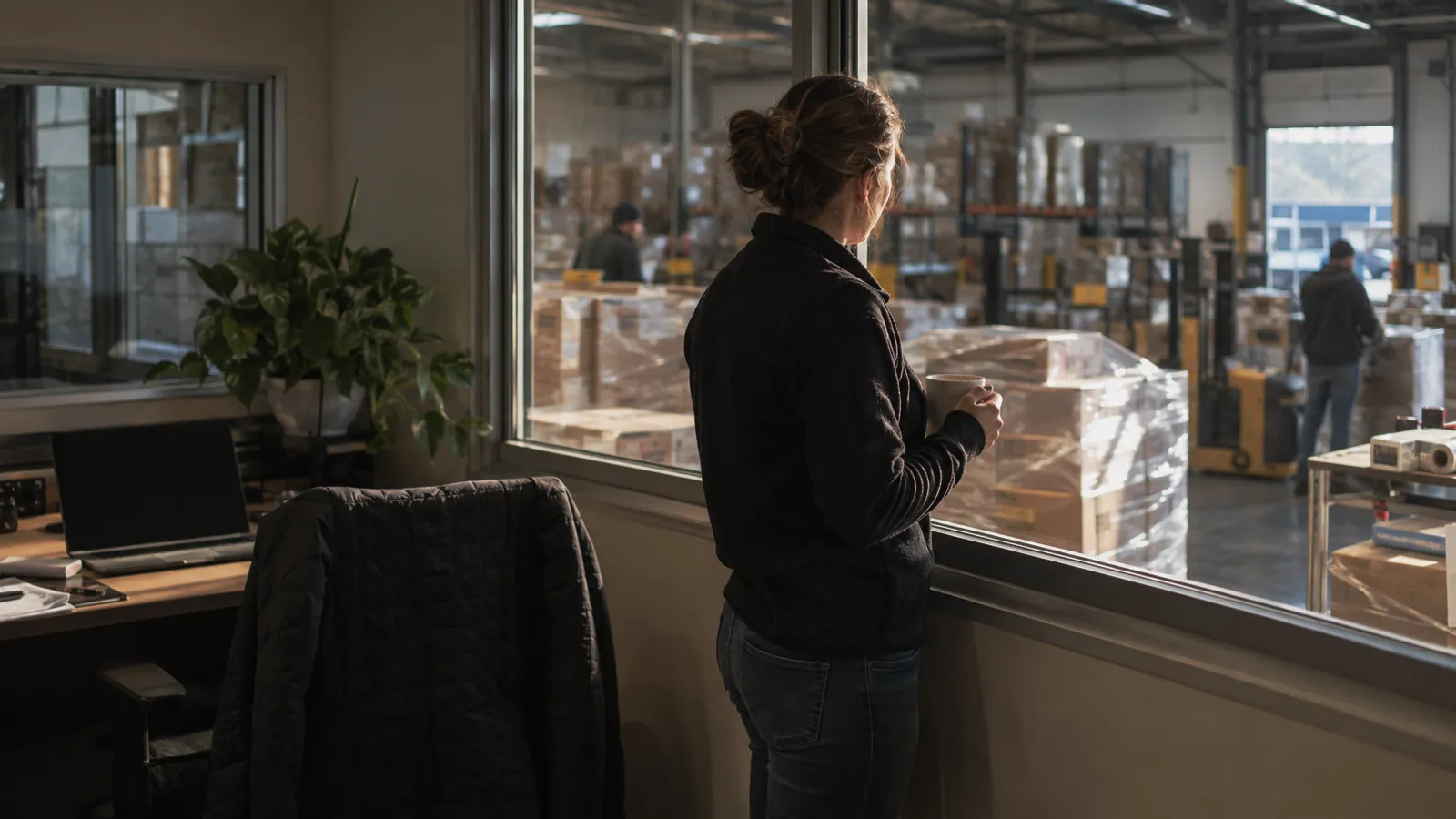 Operations manager at a front office window overlooking a 3PL warehouse floor