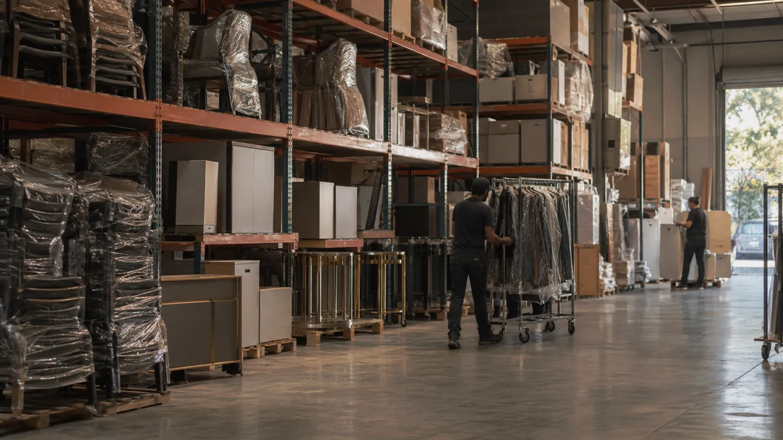Valet storage warehouse shelving holding wrapped restaurant chairs, archive boxes, and retail fixtures