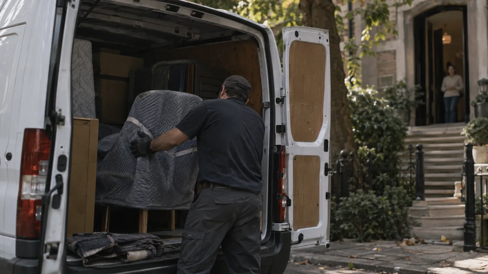 Plain delivery van at a leafy curb with a gloved handler checking a wrapped chair, homeowner waiting at the door