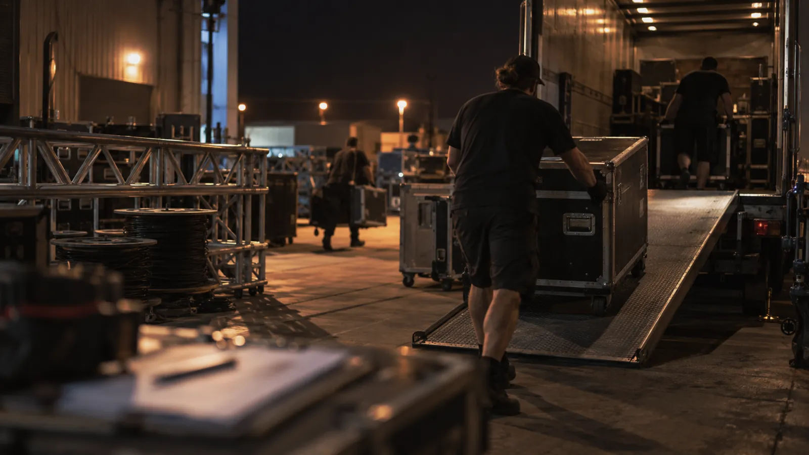 Technicians rolling road cases up a truck ramp at night during an event load-out, truss and cable spools on the dock