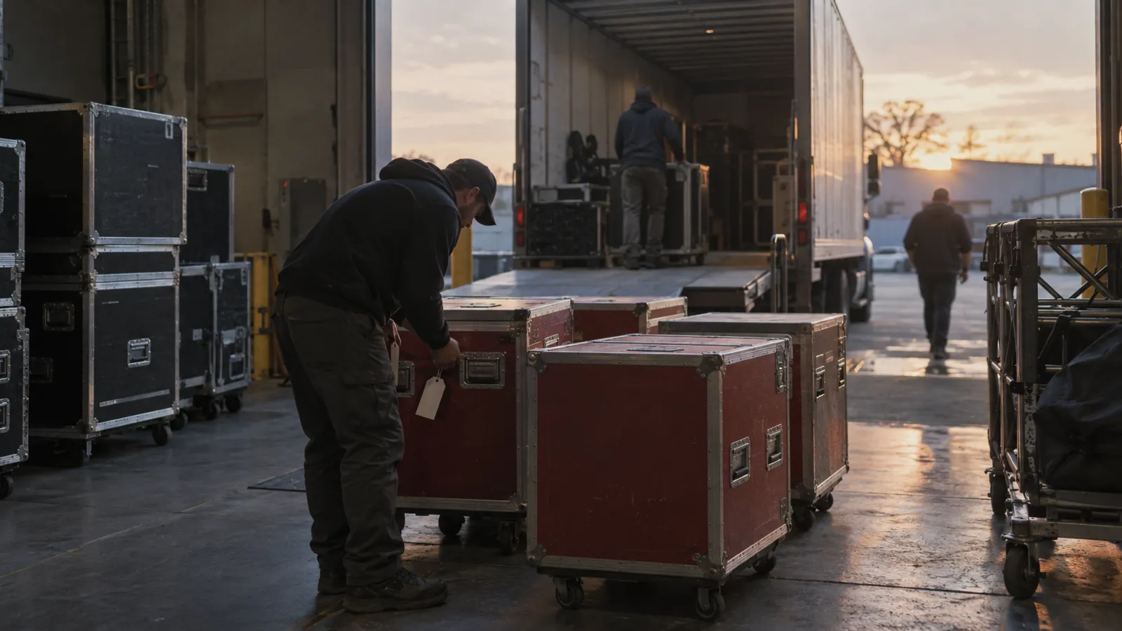 Technician tagging a set-apart group of sub-rented road cases at an event rental dock
