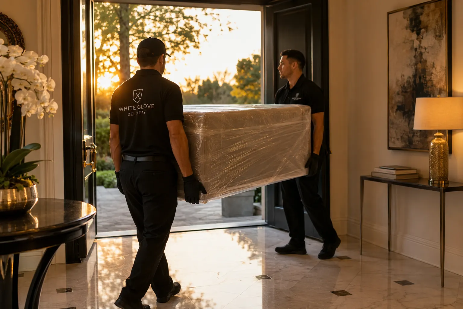 Two-person white-glove crew carrying a shrink-wrapped piece of furniture into a luxury home entryway at sunset