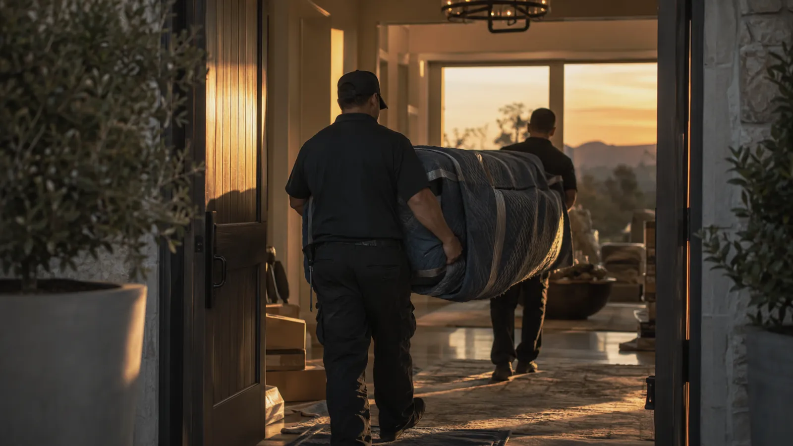Two-person white-glove crew carrying a wrapped sofa into a luxury home entryway at sunset