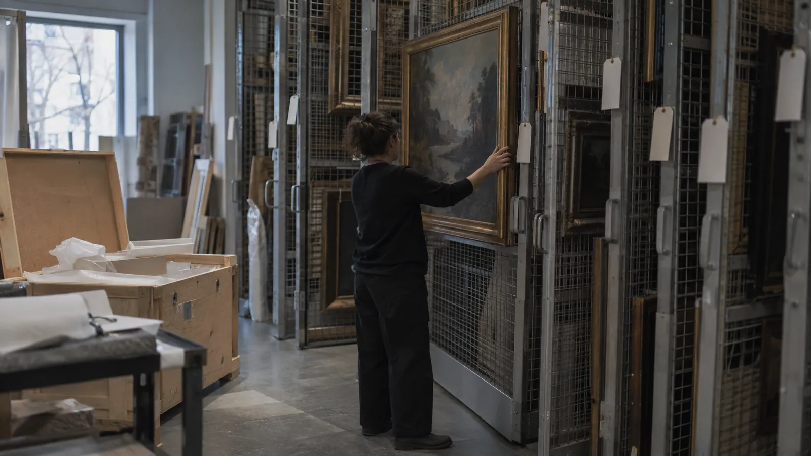 Registrar steadying a framed painting on a sliding wire rack in a gallery's back-of-house art storage