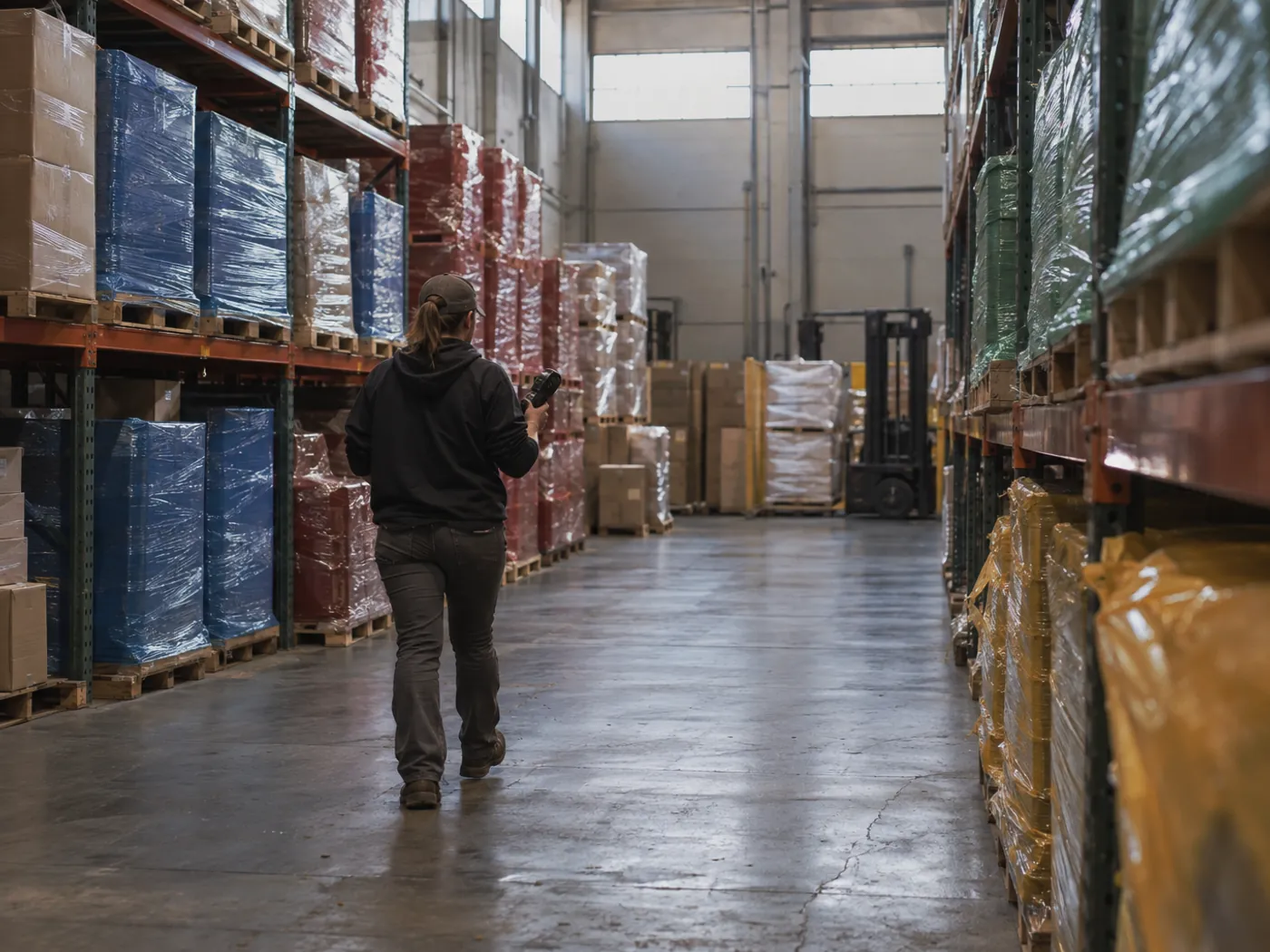 Boutique 3PL warehouse with client inventory separated into racking bays, a worker walking the center aisle