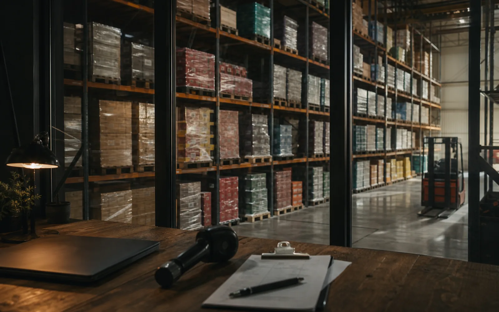 View from a glass-walled warehouse office over racking bays of client inventory, a scanner and clipboard on the desk