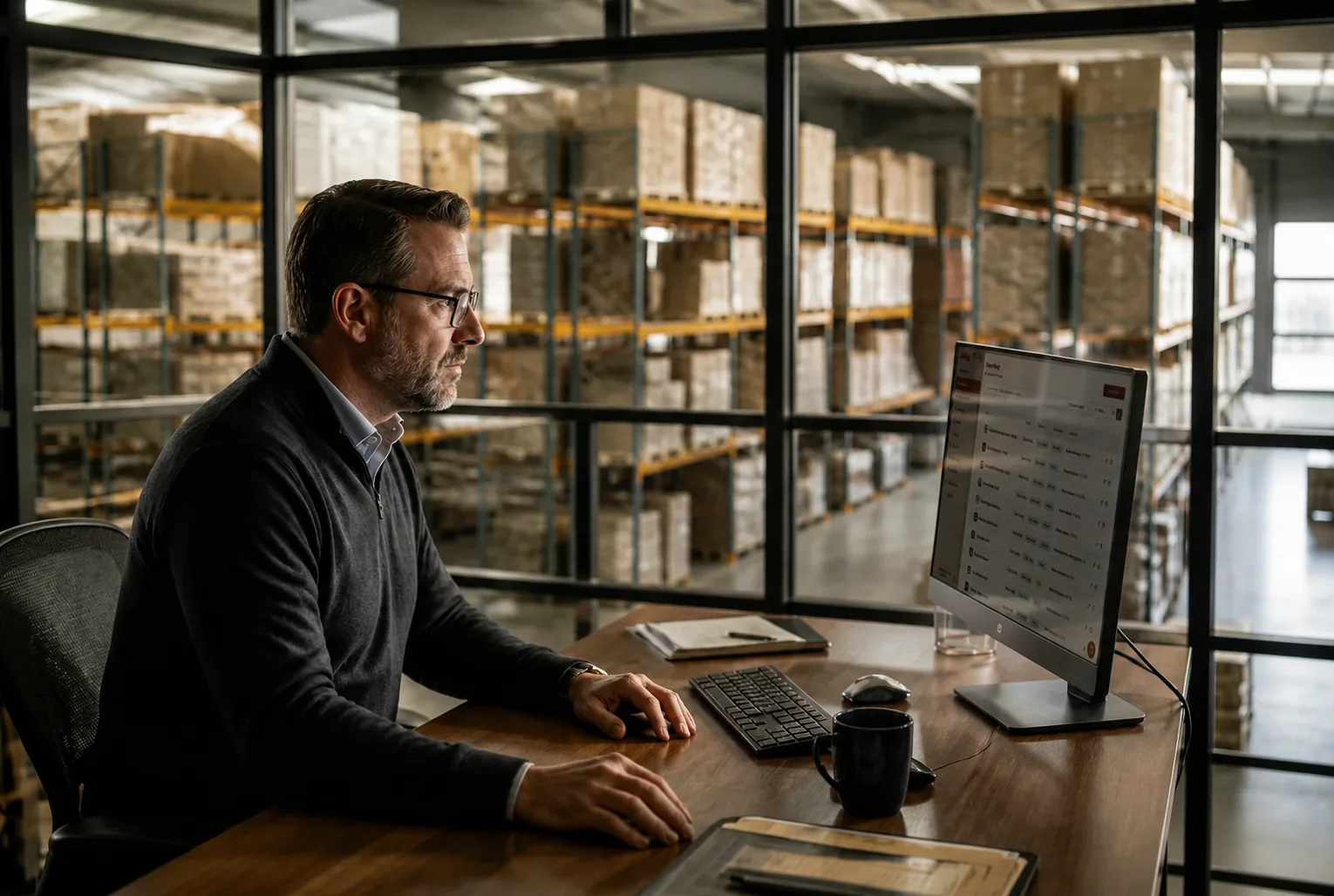 Warehouse manager in a glass-walled office overlooking organized client zones