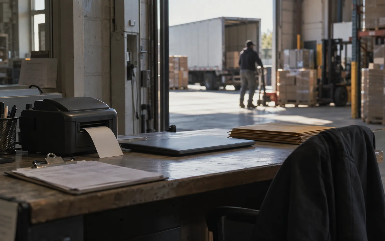 Warehouse office desk with a label printer, clipboard, closed laptop, and envelopes