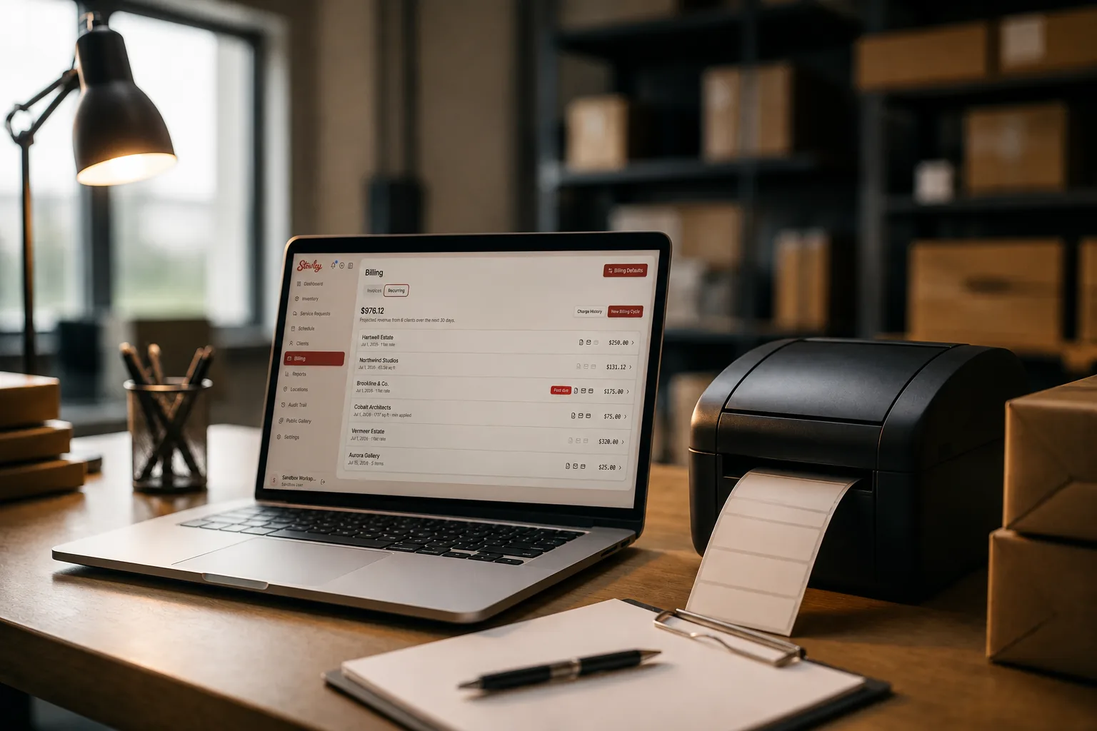 Warehouse office laptop beside a label printer and clipboard