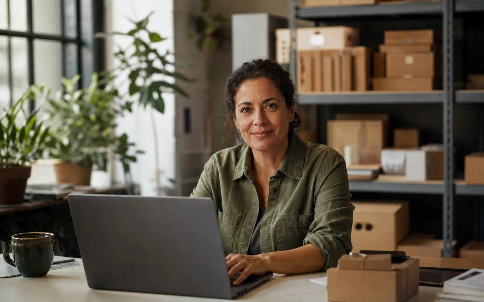 Business client at a bright office desk looking up from a laptop, boxed inventory on the shelves behind