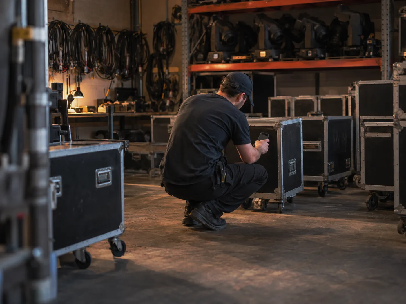 AV staging area of black road cases, coiled cables, and lighting on shelving, a technician scanning a case corner