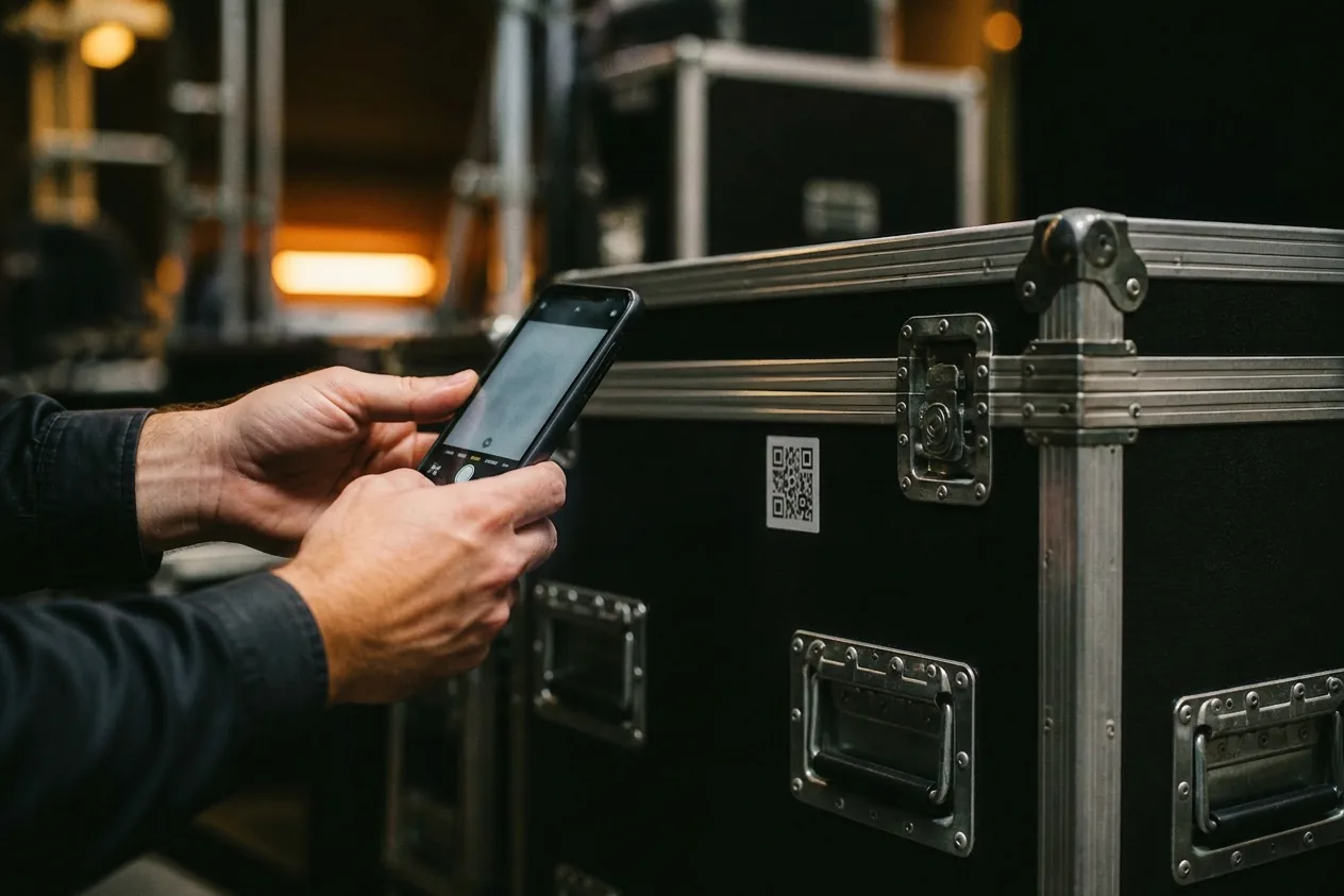 Technician scanning a QR label on a black road case with a phone