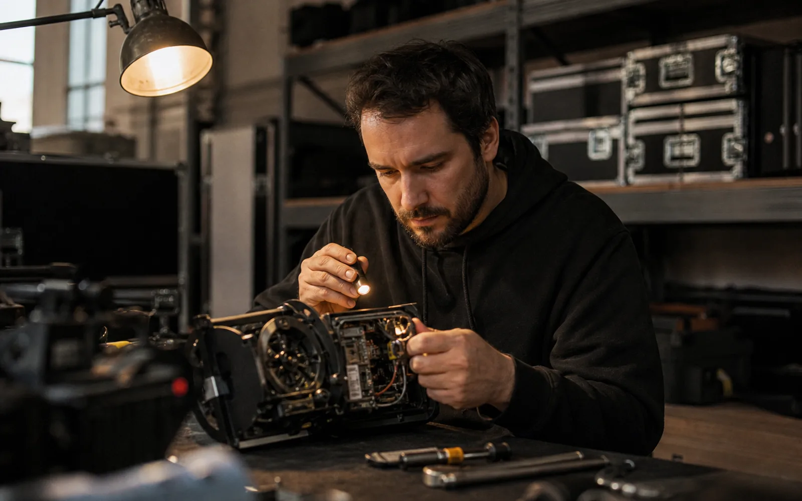 Technician inspecting an opened lighting fixture at a workbench with a flashlight