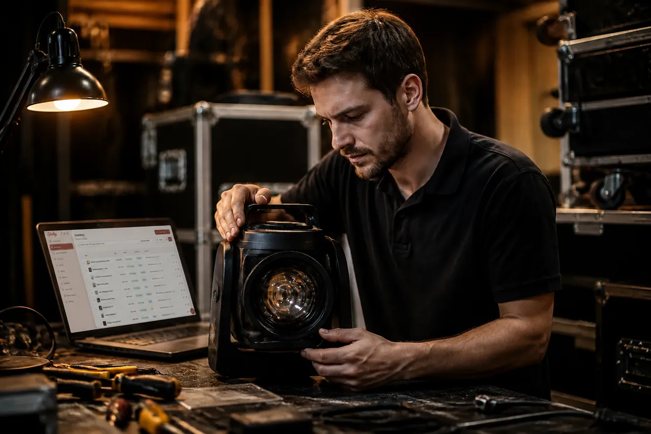 Technician inspecting AV gear at a workbench with an open laptop