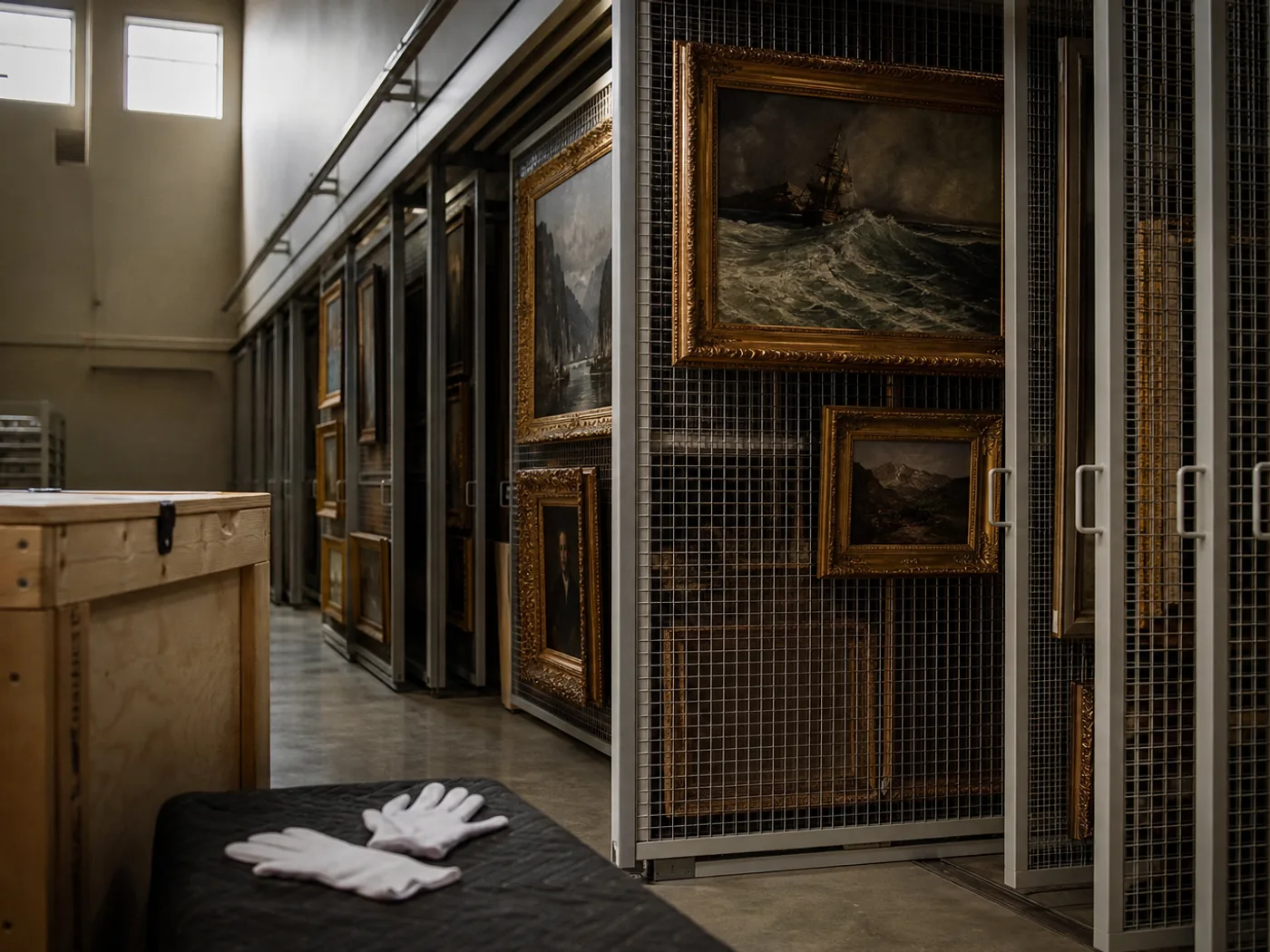 Open sliding rack of framed paintings in a climate-controlled art vault, cotton gloves on a padded table