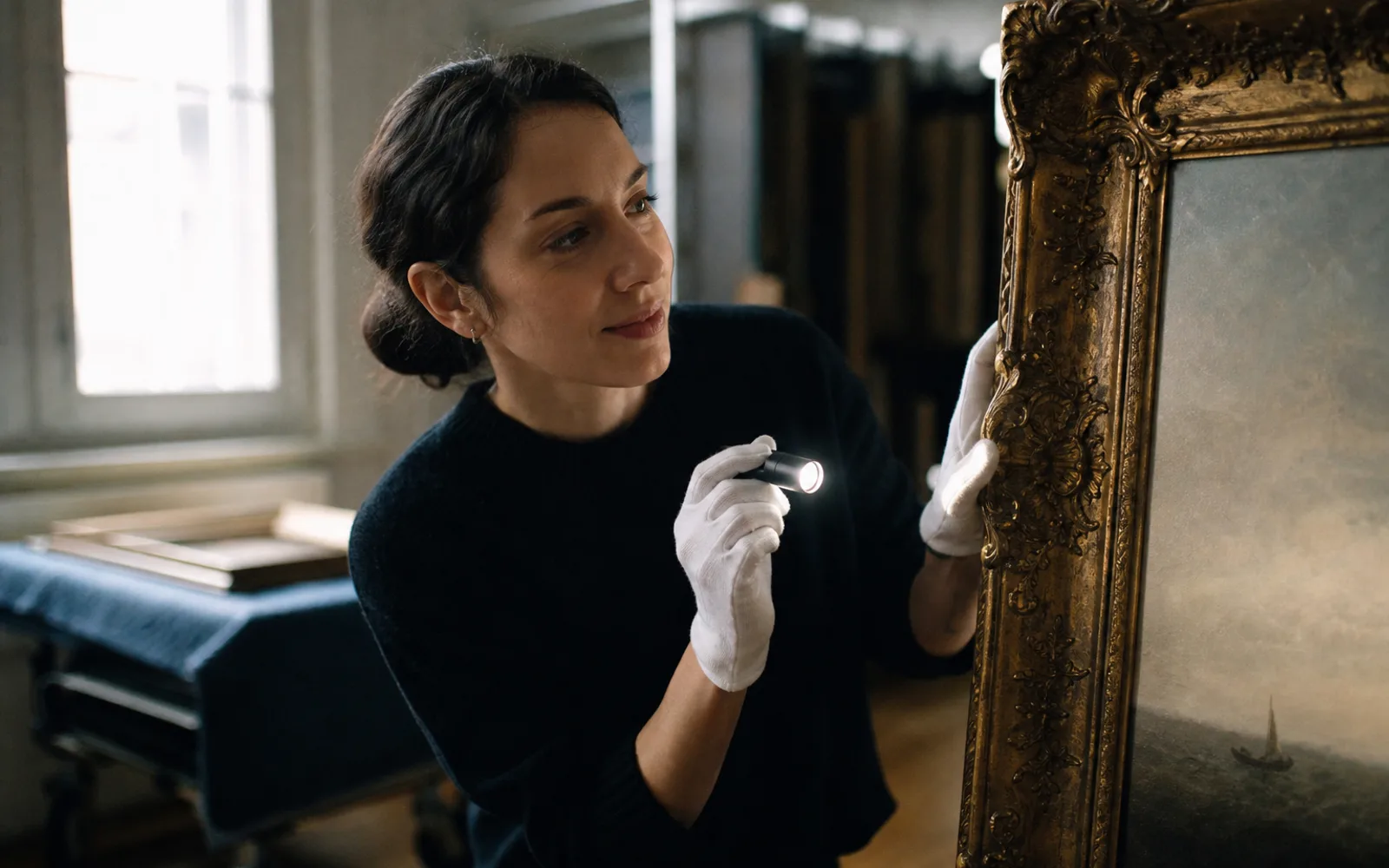 Gallery registrar in cotton gloves examining the edge of a framed artwork with a flashlight