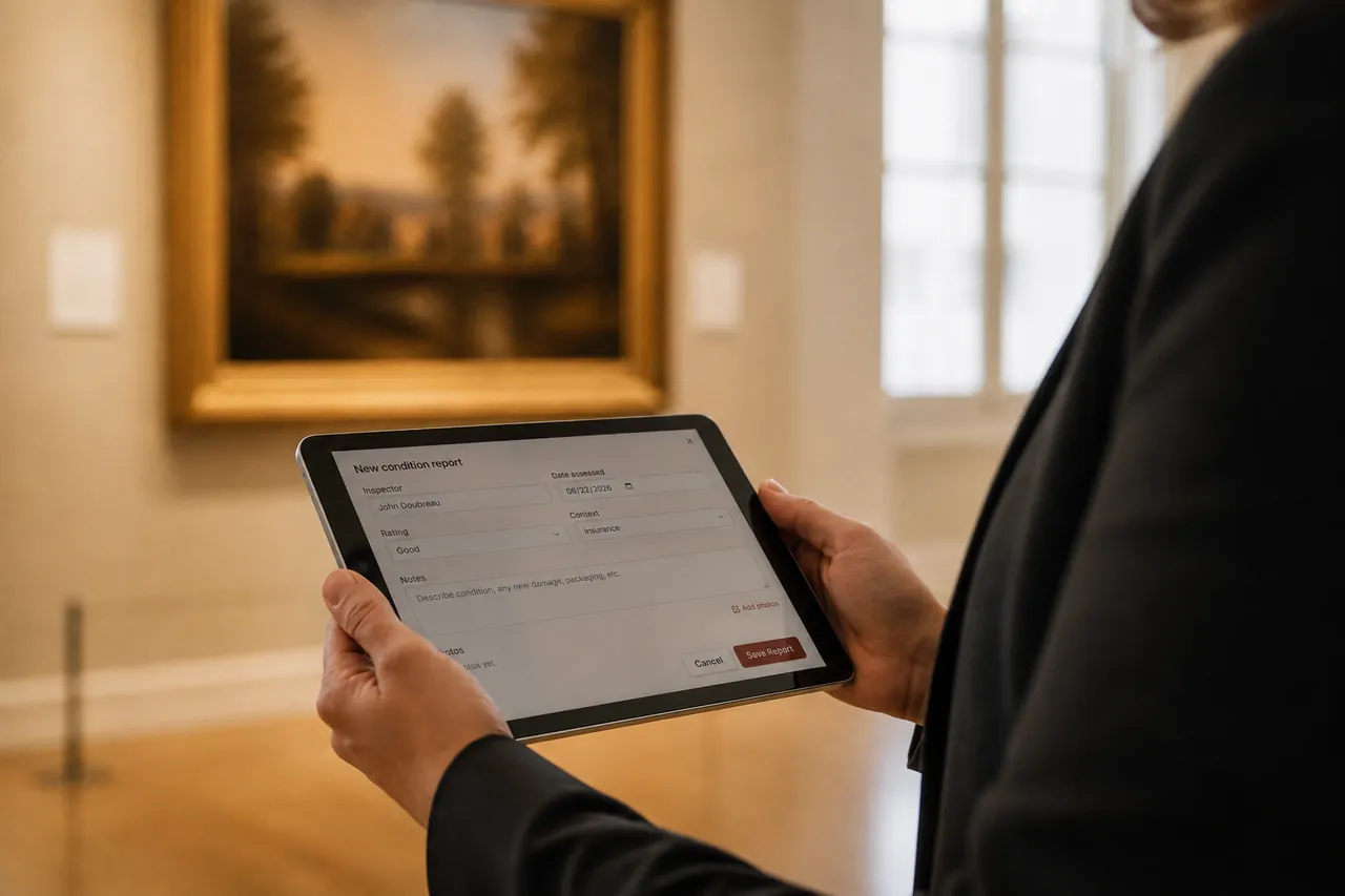Gallery registrar holding a tablet showing a condition report form in front of a framed artwork