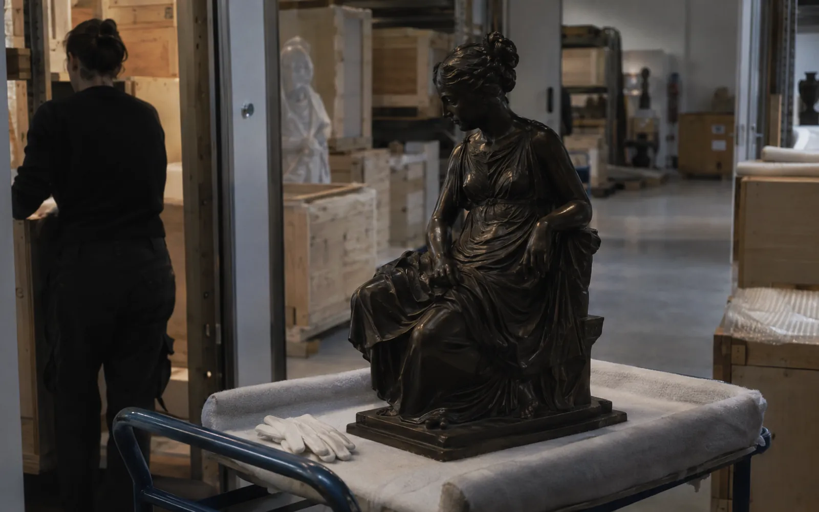 A single bronze sculpture on a padded cart pulled from a vault of crated works, cotton gloves beside it
