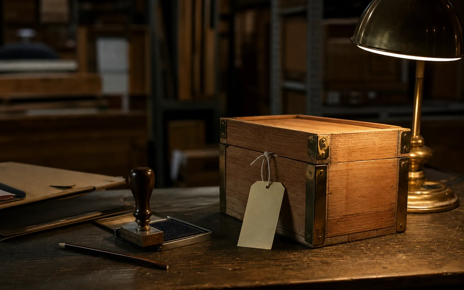Wooden art crate with a paper tag on a registrar's desk, beside a rubber stamp and ink pad