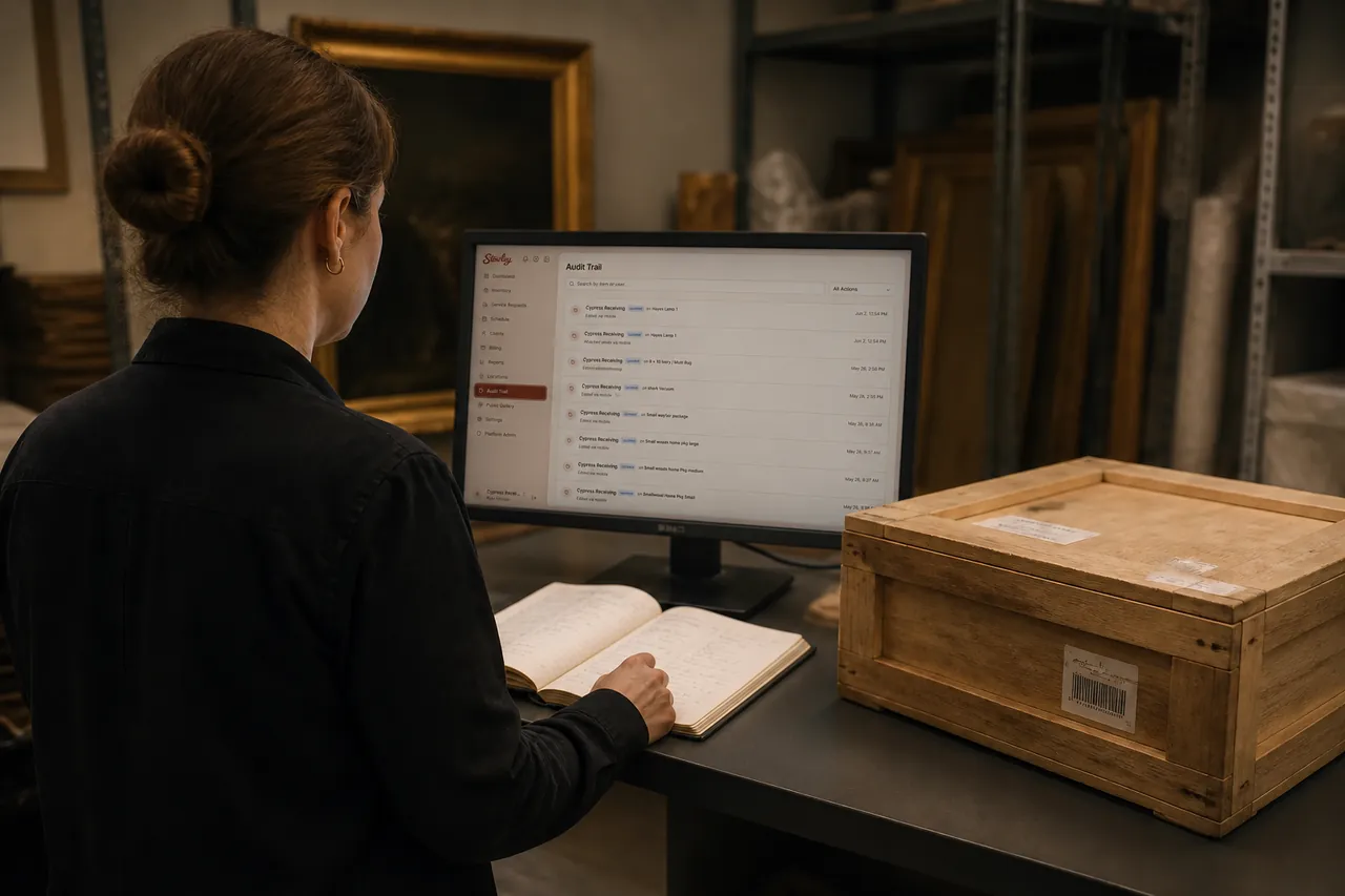 Registrar at a desk viewing the Stowley Audit Trail on a monitor next to a wooden art crate