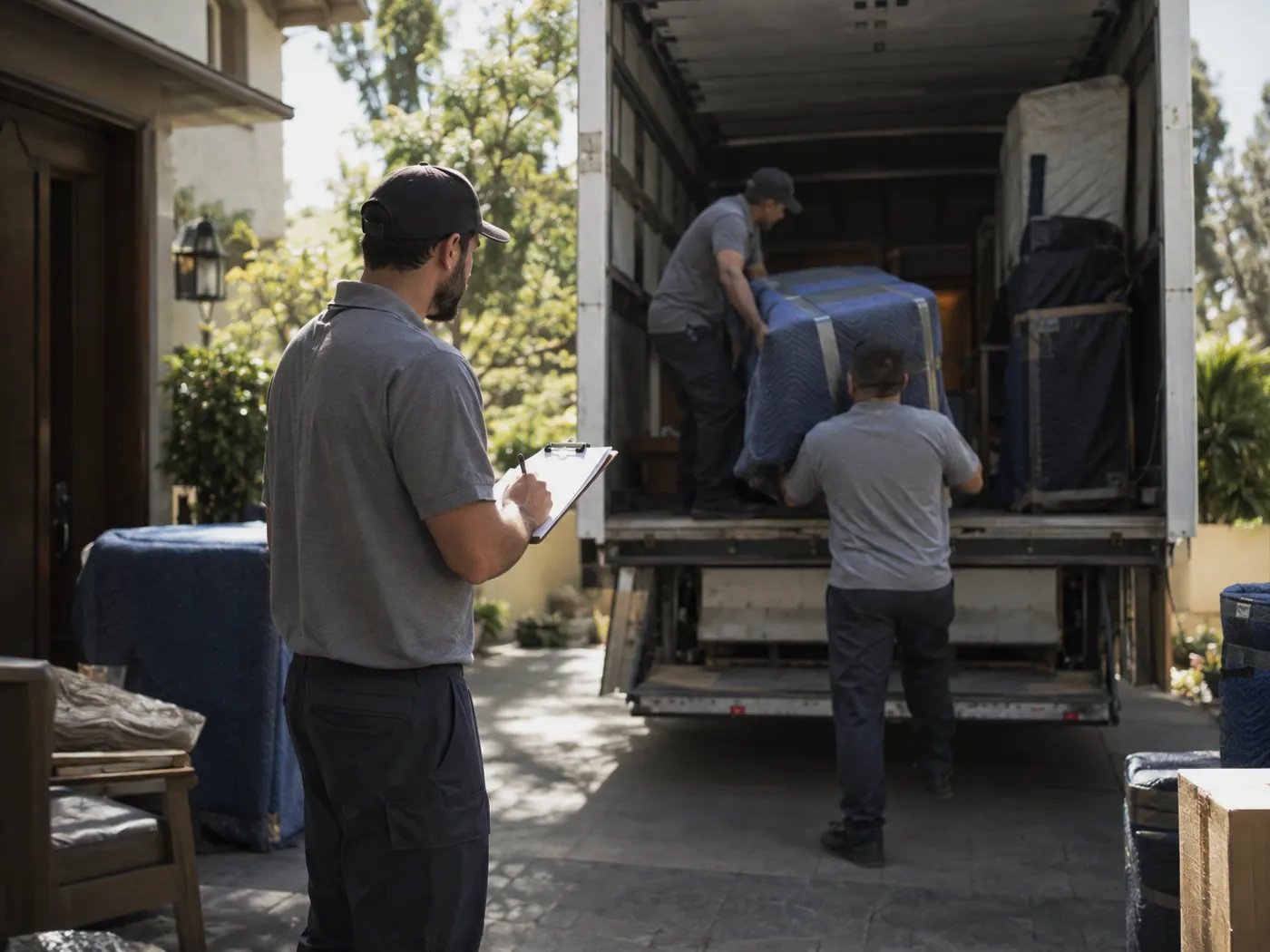 Uniformed movers loading blanket-wrapped furniture into a truck, one holding a clipboard