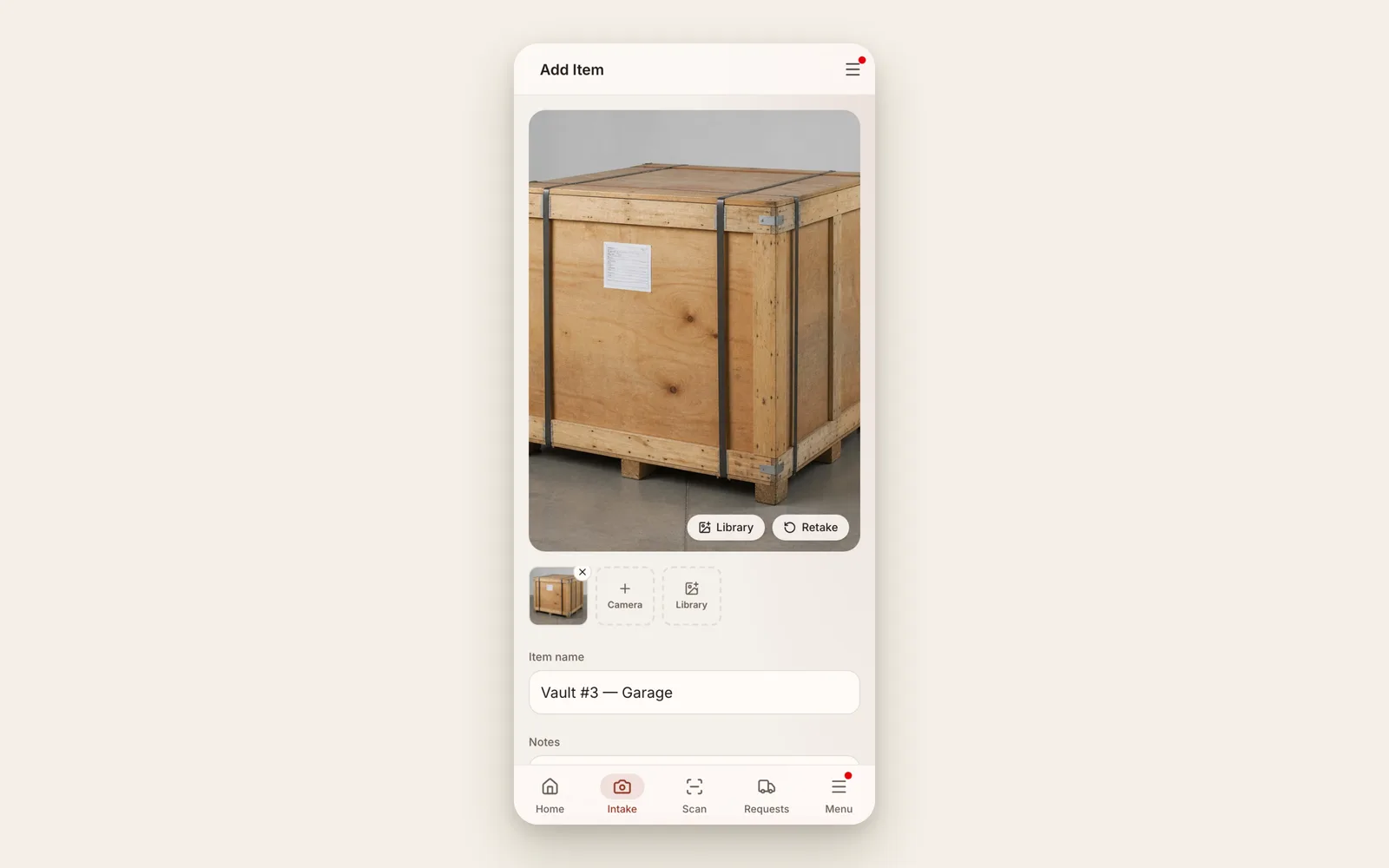 Stowley mobile intake screen on a phone, logging a vault with photo, weight, and condition