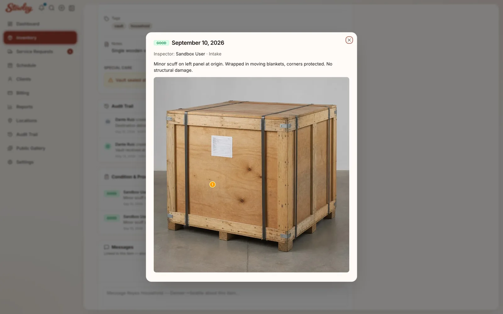 Stowley condition report with a visual damage map, rating, and photos for a vault item