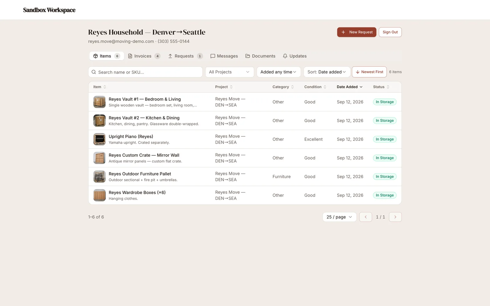 Stowley client portal showing a customer's vault items with photos