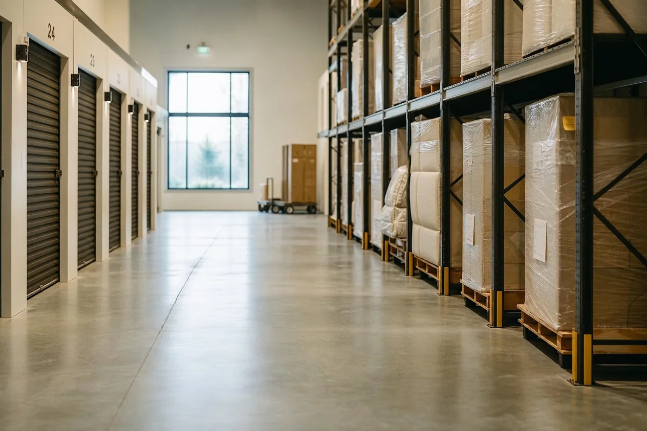 Labeled, shrink-wrapped items on warehouse racking at a valet storage facility