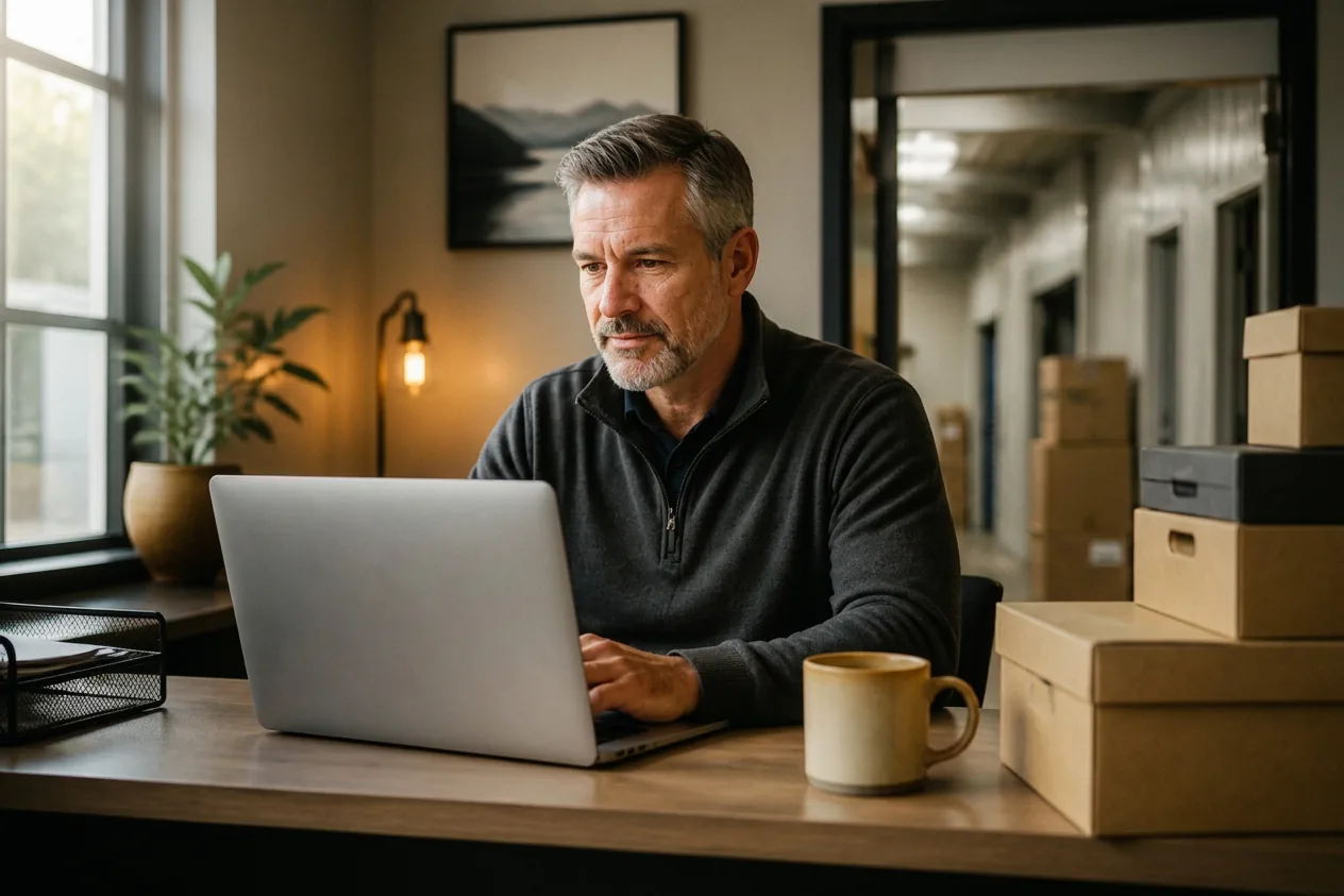 Valet storage owner reviewing recurring billing on a laptop
