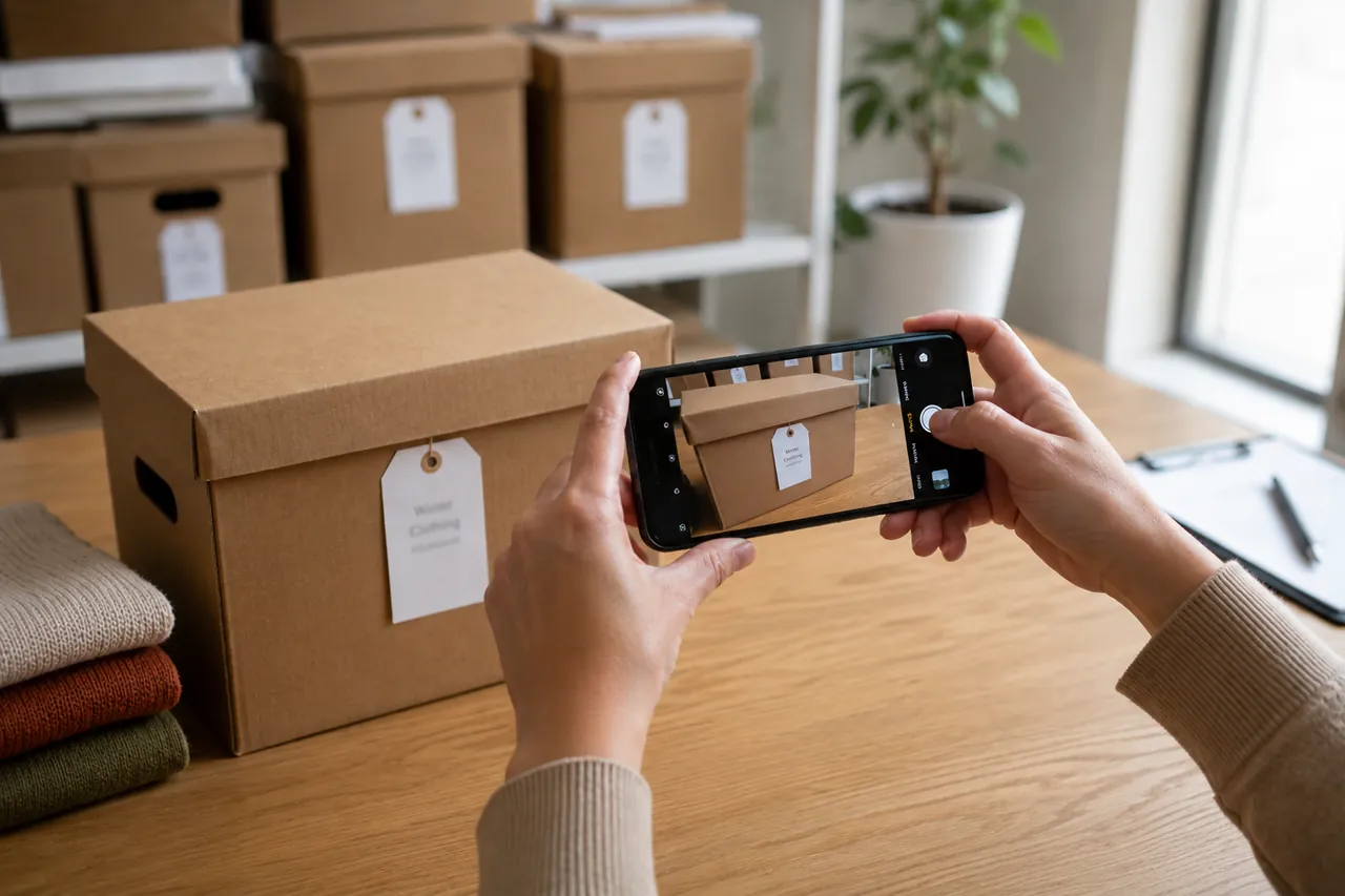 Hands photographing a labeled box during a valet pickup