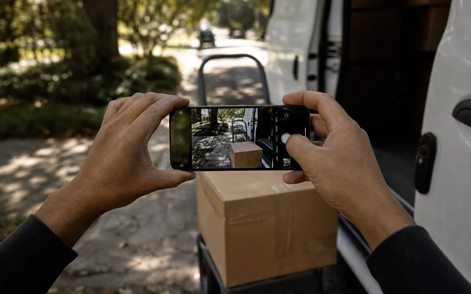 Hands photographing a box on a hand truck at the curb during a valet pickup