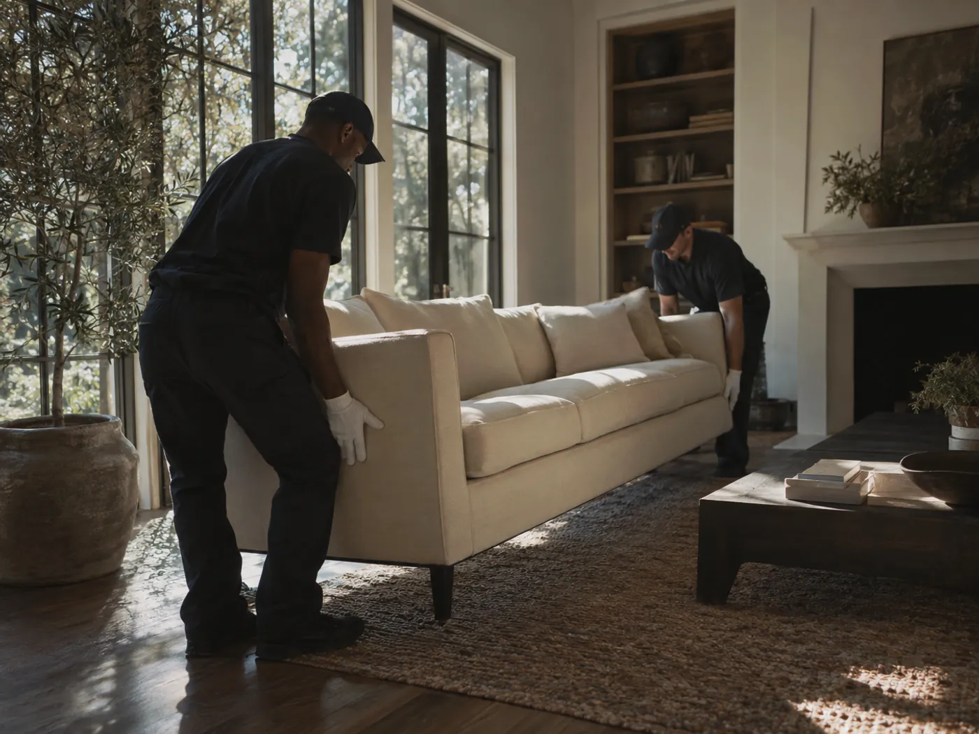 White-gloved handlers positioning a designer sofa in a sunlit, styled living room