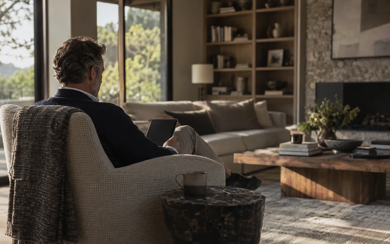 Well-dressed client relaxing in a high-end living room with a tablet