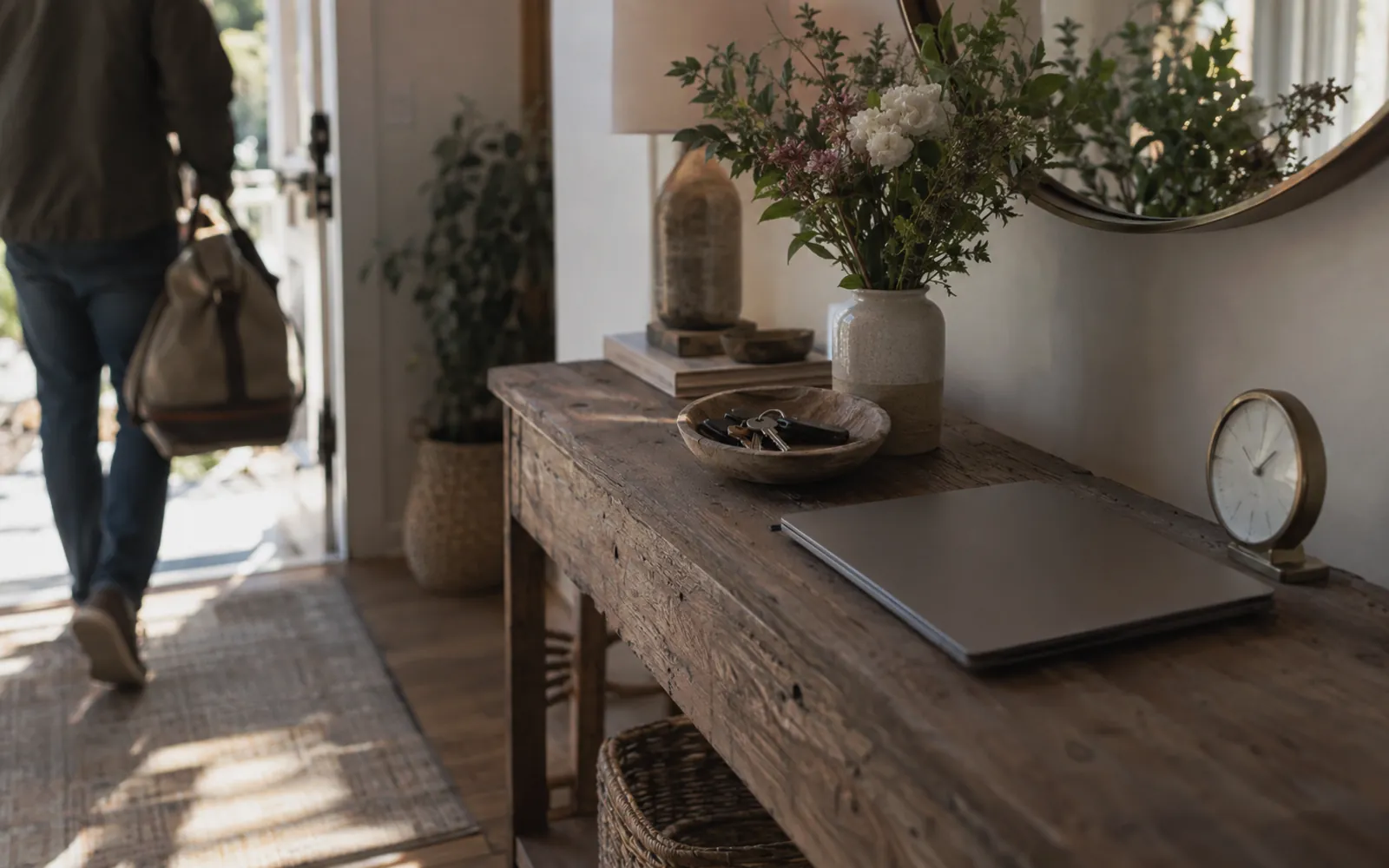 Styled entryway console with a closed laptop, desk clock, fresh flowers, and keys
