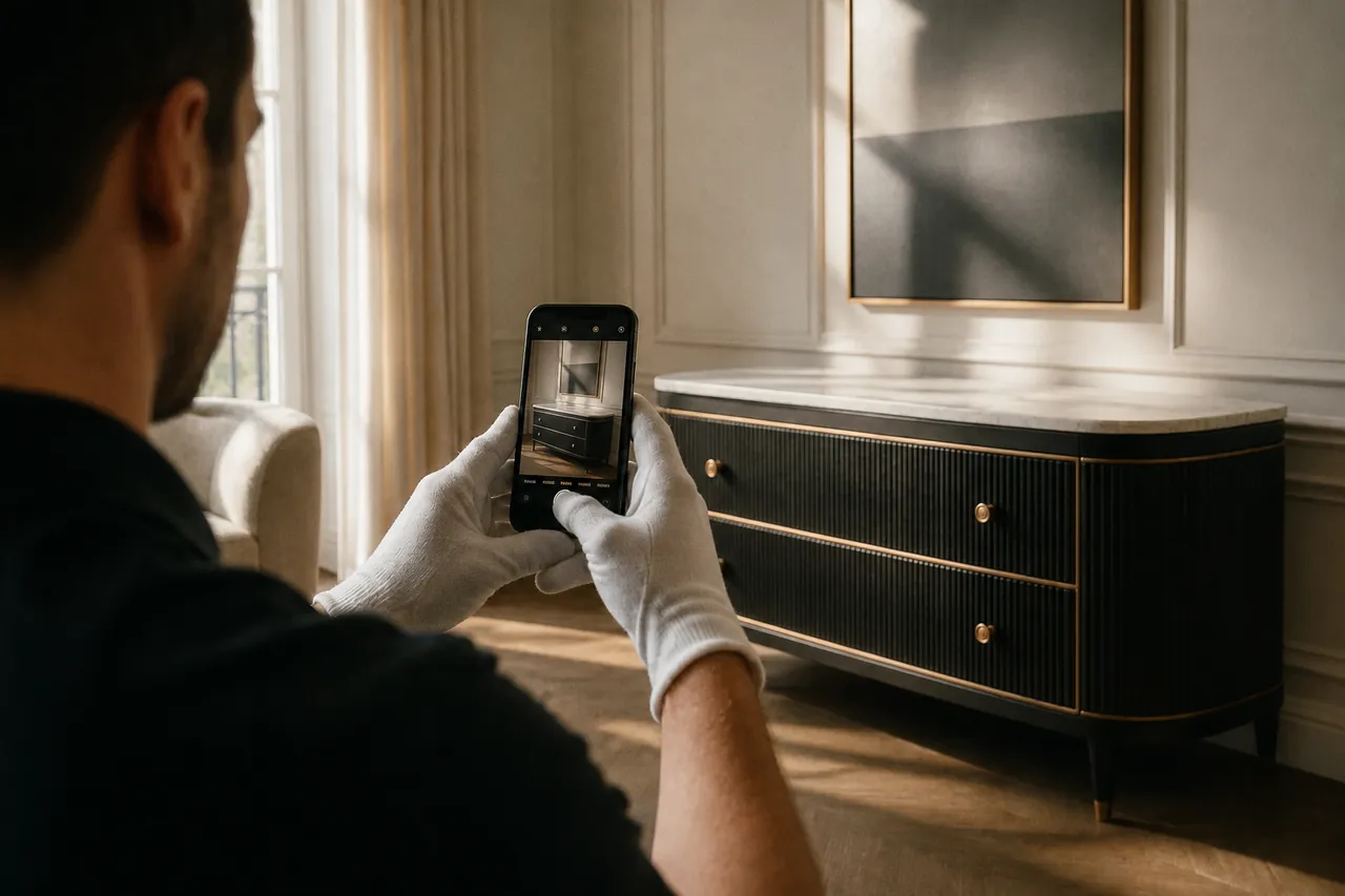 Handler in white gloves photographing a just-delivered piece of furniture